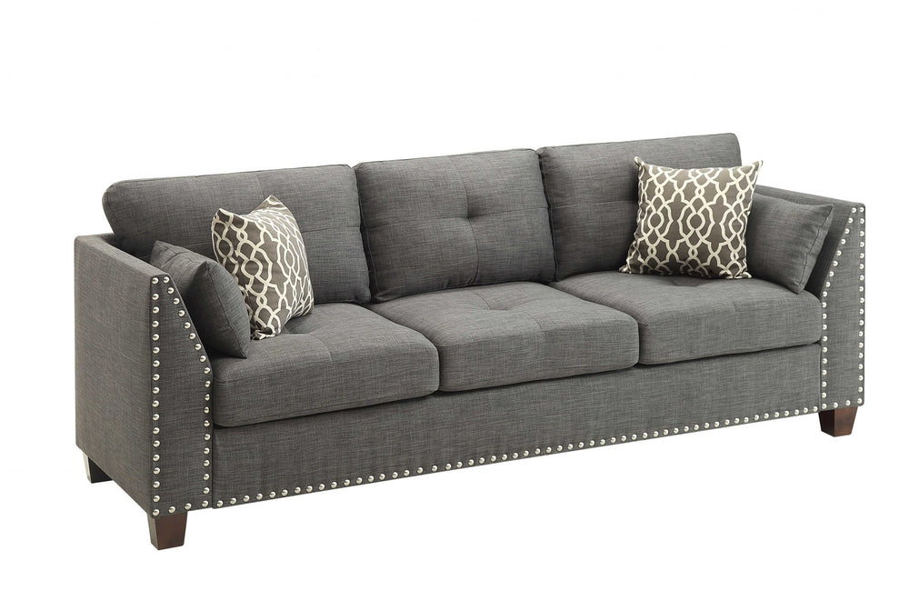 Homeroots 81" Charcoal Linen Sofa And Toss Pillows With Dark Brown Legs   318811