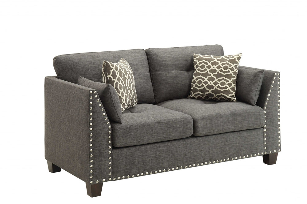 HomeRoots 58" Light Gray Loveseat with Dark Brown Accents & Toss Pillows - Stylish Comfort for Small Spaces 318812