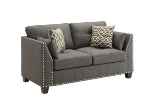HomeRoots 58" Light Gray Loveseat with Dark Brown Accents & Toss Pillows - Stylish Comfort for Small Spaces 318812