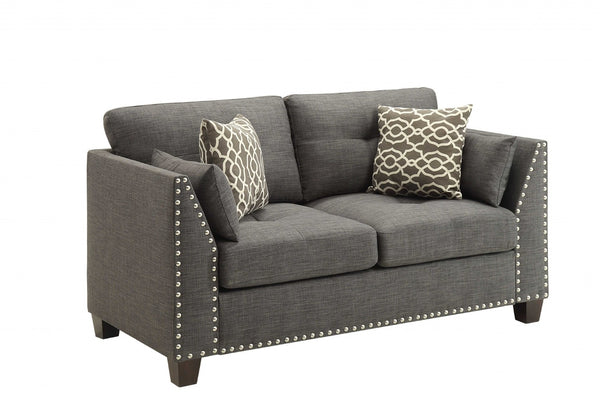 HomeRoots 58" Light Gray Loveseat with Dark Brown Accents & Toss Pillows - Stylish Comfort for Small Spaces 318812