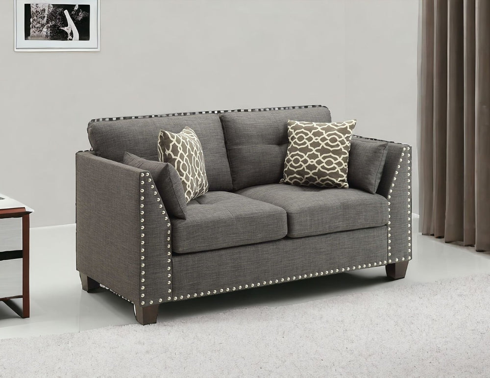 HomeRoots 58" Light Gray Loveseat with Dark Brown Accents & Toss Pillows - Stylish Comfort for Small Spaces 318812