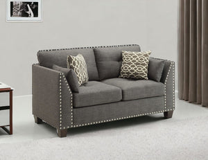 HomeRoots 58" Light Gray Loveseat with Dark Brown Accents & Toss Pillows - Stylish Comfort for Small Spaces 318812