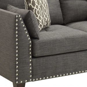 HomeRoots 58" Light Gray Loveseat with Dark Brown Accents & Toss Pillows - Stylish Comfort for Small Spaces 318812