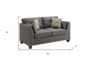 HomeRoots 58" Light Gray Loveseat with Dark Brown Accents & Toss Pillows - Stylish Comfort for Small Spaces 318812