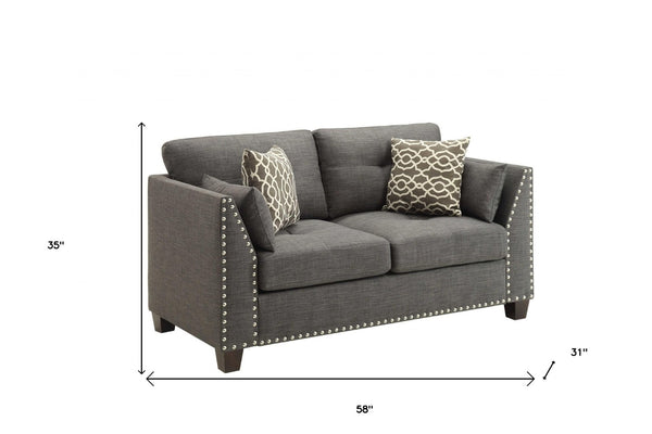 HomeRoots 58" Light Gray Loveseat with Dark Brown Accents & Toss Pillows - Stylish Comfort for Small Spaces 318812