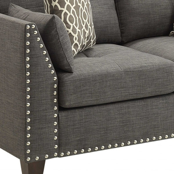 HomeRoots 58" Light Gray Loveseat with Dark Brown Accents & Toss Pillows - Stylish Comfort for Small Spaces 318812
