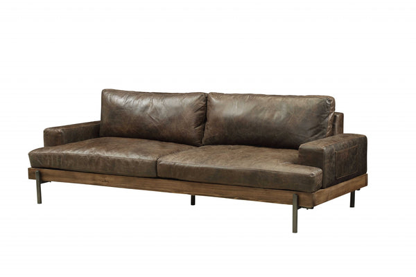 Homeroots 95" Chocolate Top Grain Leather Sofa With Black Legs   318816