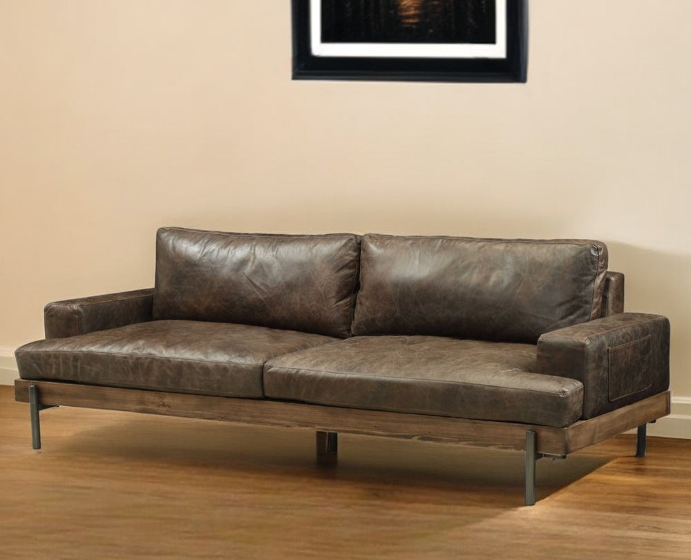 Homeroots 95" Chocolate Top Grain Leather Sofa With Black Legs   318816