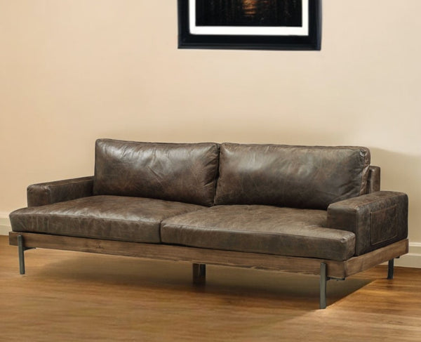 Homeroots 95" Chocolate Top Grain Leather Sofa With Black Legs   318816