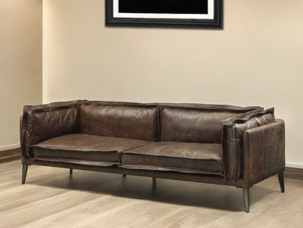 Homeroots 94" Chocolate Top Grain Leather Sofa With Dark Brown Legs   318818