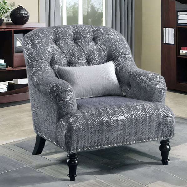 Homeroots 34" Gray And Black Fabric Chevron Tufted Arm Chair And Toss Pillow   318832