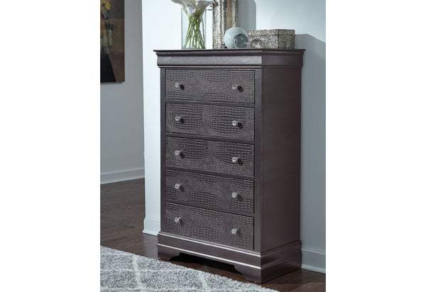 English Elm SHAKER Crocodile Textured Chest with Crystal Hardware, Solid Wood & MDF, Contemporary Tapered Legs Metallic Grey 34.45 L x 18.9 W x 51.57 H B201P215900