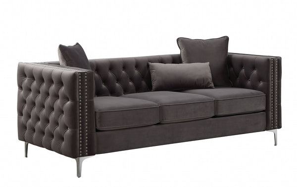 Homeroots 86" Dark Gray Velvet Sofa With Silver Legs   318845
