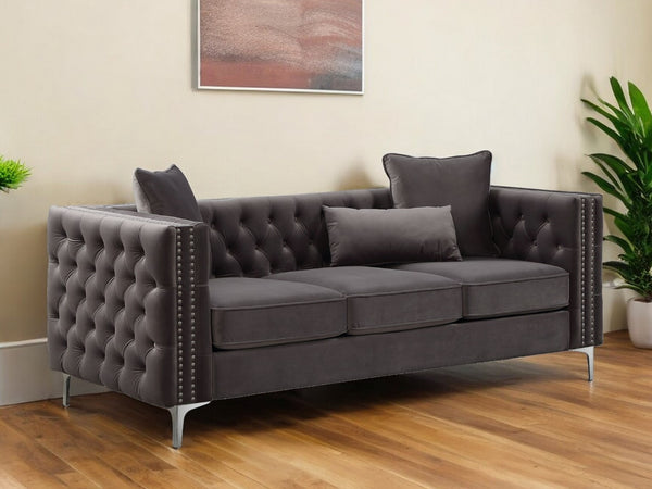 Homeroots 86" Dark Gray Velvet Sofa With Silver Legs   318845