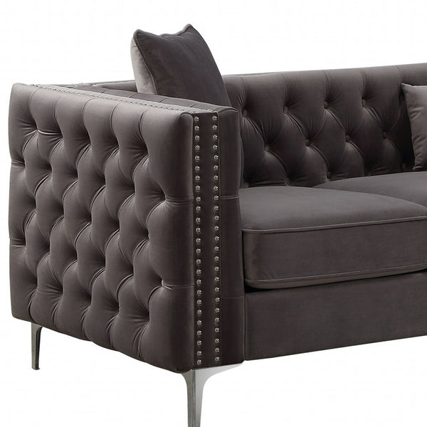 Homeroots 86" Dark Gray Velvet Sofa With Silver Legs   318845