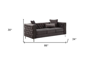 Homeroots 86" Dark Gray Velvet Sofa With Silver Legs   318845