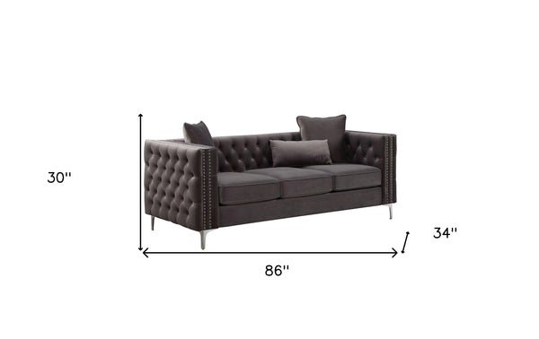Homeroots 86" Dark Gray Velvet Sofa With Silver Legs   318845