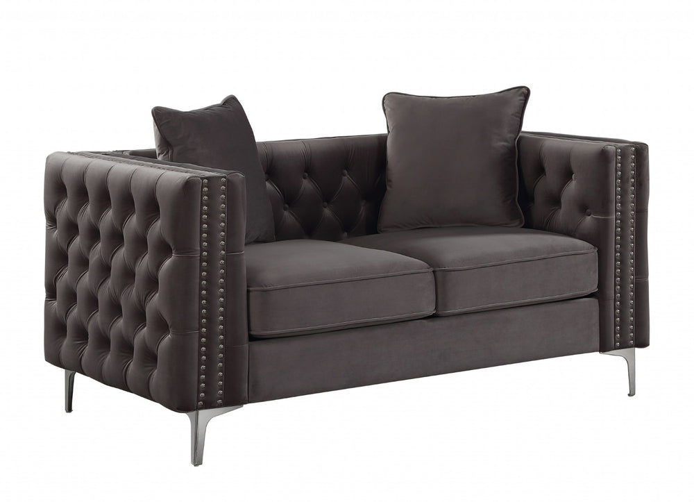 HomeRoots 63" Elegant Dark Gray Velvet Loveseat with 2 Pillows - Vintage Charm & Modern Comfort for Small Spaces 318846