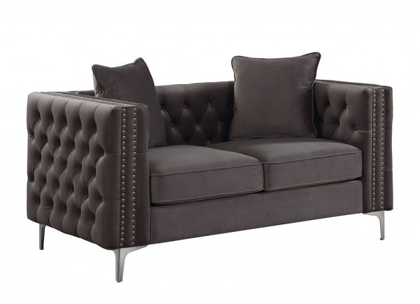 HomeRoots 63" Elegant Dark Gray Velvet Loveseat with 2 Pillows - Vintage Charm & Modern Comfort for Small Spaces 318846