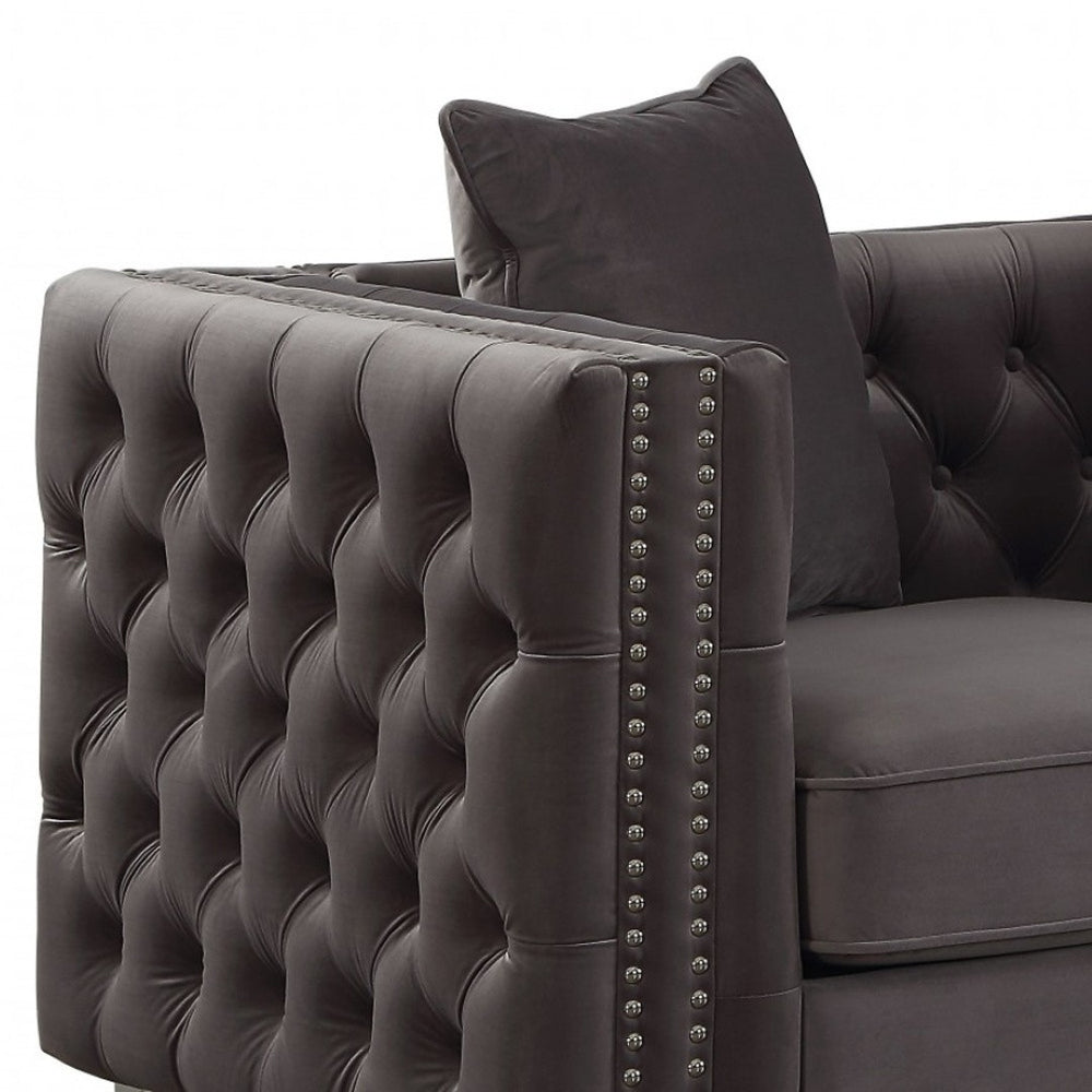 HomeRoots 63" Elegant Dark Gray Velvet Loveseat with 2 Pillows - Vintage Charm & Modern Comfort for Small Spaces 318846