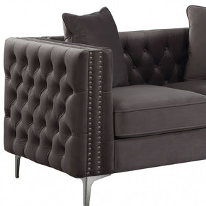 HomeRoots 63" Elegant Dark Gray Velvet Loveseat with 2 Pillows - Vintage Charm & Modern Comfort for Small Spaces 318846