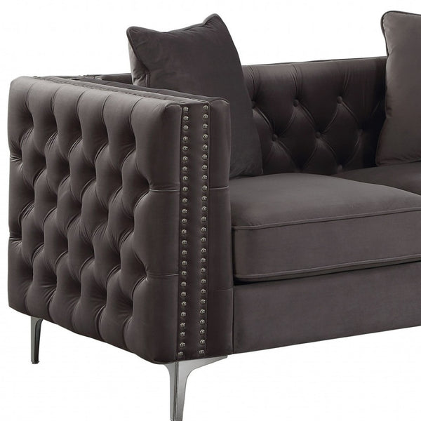 HomeRoots 63" Elegant Dark Gray Velvet Loveseat with 2 Pillows - Vintage Charm & Modern Comfort for Small Spaces 318846
