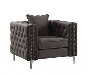 Homeroots 40" Dark Slate Gray And Silver Velvet Tufted Club Chair And Toss Pillow   318847