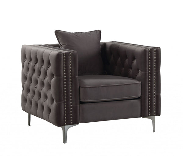 Homeroots 40" Dark Slate Gray And Silver Velvet Tufted Club Chair And Toss Pillow   318847