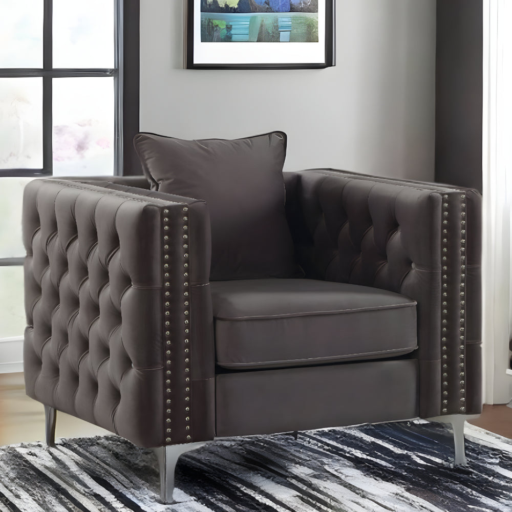 Homeroots 40" Dark Slate Gray And Silver Velvet Tufted Club Chair And Toss Pillow   318847