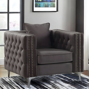 Homeroots 40" Dark Slate Gray And Silver Velvet Tufted Club Chair And Toss Pillow   318847