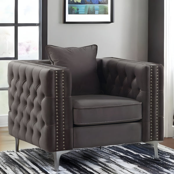 Homeroots 40" Dark Slate Gray And Silver Velvet Tufted Club Chair And Toss Pillow   318847