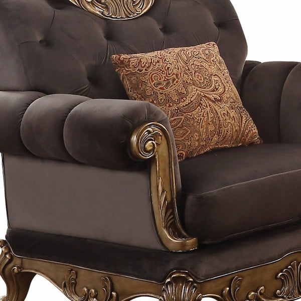 HomeRoots 42" Charcoal Fabric Arm Chair with Champagne Accents & Toss Pillow for Elegant Living Spaces 318853