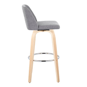 English Elm 30" Swivel Barstools Set of 2 Grey Fabric Seat Bent Wood Legs Chrome Footrest B202S00670