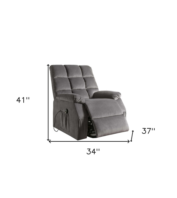 Homeroots 34" Gray Velvet Power Heated Massage Recliner Gray  318860