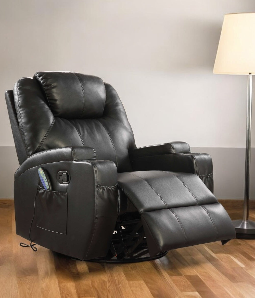 Homeroots 34" Black Leather Match Power Heated Massage Recliner Black  318863