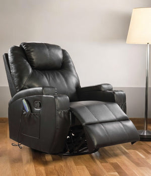 Homeroots 34" Black Leather Match Power Heated Massage Recliner Black  318863