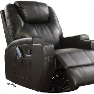 HomeRoots 34" Luxury Leather Match Power Heated Massage Recliner with Remote, Cup Holders, and Rocking Base Black 318863