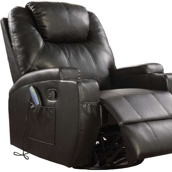 HomeRoots 34" Luxury Leather Match Power Heated Massage Recliner with Remote, Cup Holders, and Rocking Base Black 318863