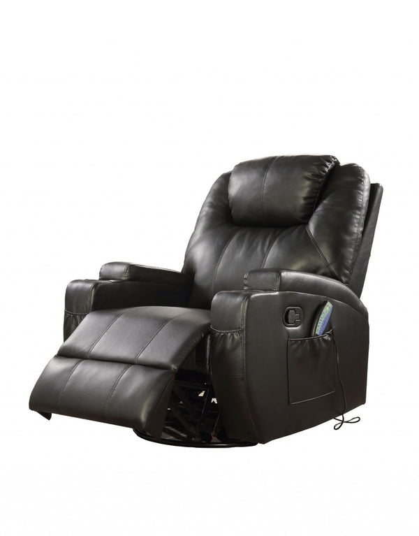 HomeRoots 34" Luxury Leather Match Power Heated Massage Recliner with Remote, Cup Holders, and Rocking Base Black 318863