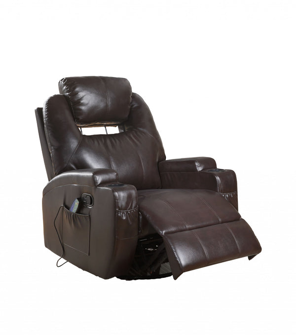 Homeroots 34" Brown Faux Leather Heated Massage Home Theater Recliner Brown  318864