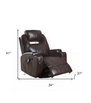 Homeroots 34" Brown Faux Leather Heated Massage Home Theater Recliner Brown  318864