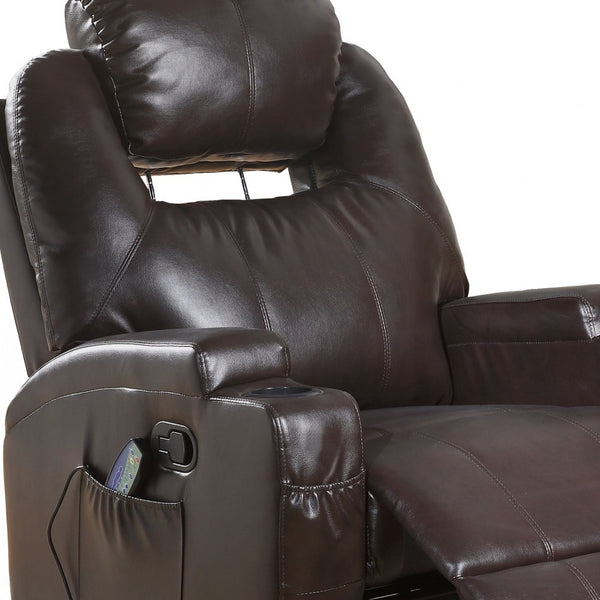 Homeroots 34" Brown Faux Leather Heated Massage Home Theater Recliner Brown  318864