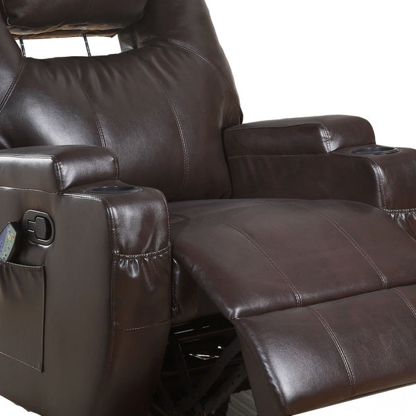 Homeroots 34" Brown Faux Leather Heated Massage Home Theater Recliner Brown  318864