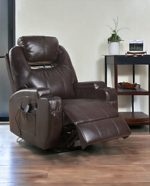 Homeroots 34" Brown Faux Leather Heated Massage Home Theater Recliner Brown  318864
