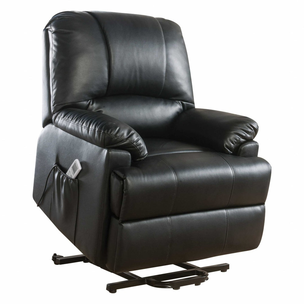 HomeRoots 34" Power Lift Massage Recliner - Sleek Faux Leather Comfort with Wireless Remote & Storage Solution Black 318865