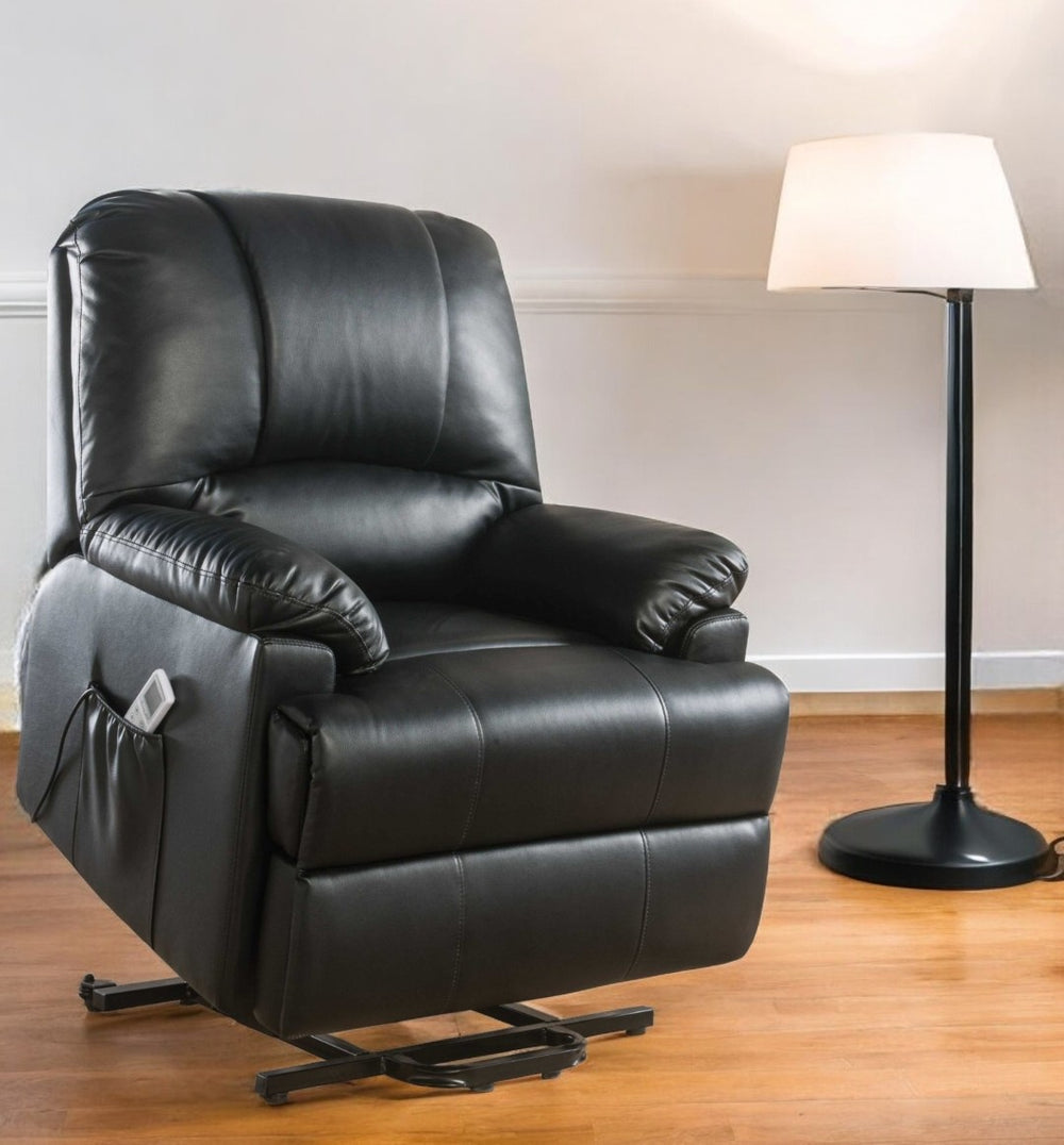 HomeRoots 34" Power Lift Massage Recliner - Sleek Faux Leather Comfort with Wireless Remote & Storage Solution Black 318865