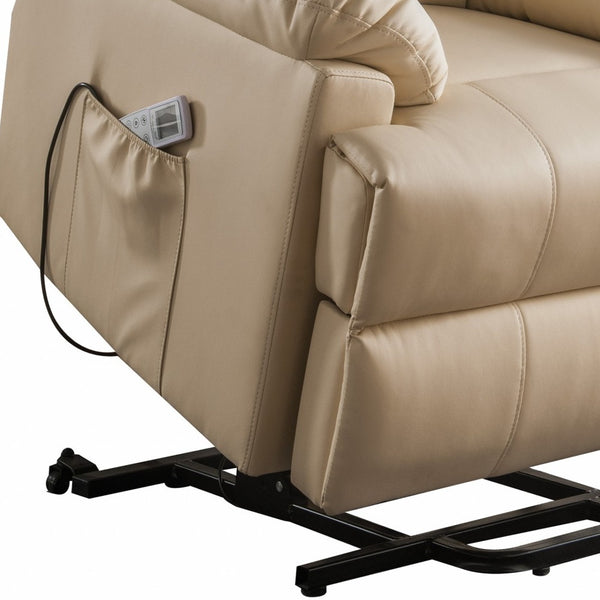 Homeroots 34" Beige Faux Leather Power Massage Lift Assist Recliner Beige  318866