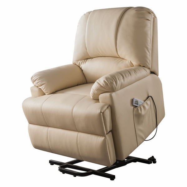 Homeroots 34" Beige Faux Leather Power Massage Lift Assist Recliner Beige  318866