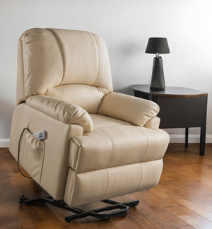 Homeroots 34" Beige Faux Leather Power Massage Lift Assist Recliner Beige  318866