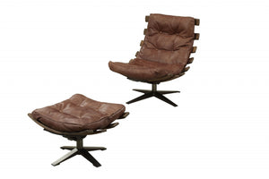 Homeroots 27" Brown And Black Top Grain Leather Tufted Swivel Lounge Chair With Ottoman   318867